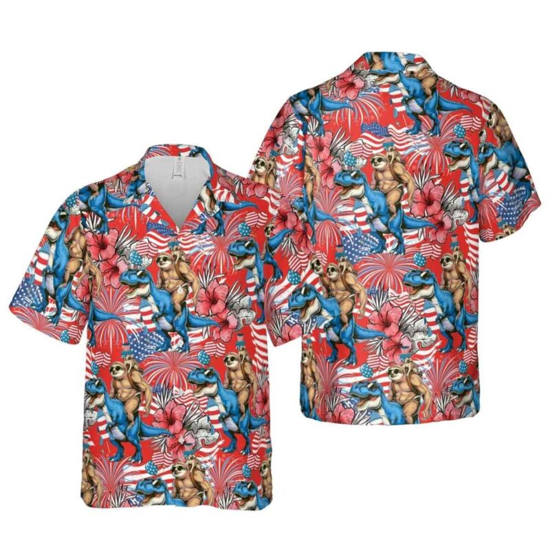4Th Of July Dinosaur And Sloth Hawaiian Shirt