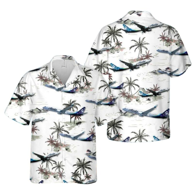 Alaska Airlines Boeing 737 800 Coconut Trees White Pattern Hawaiian Shirt
