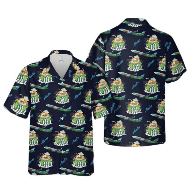 Alaska Airlines Spirit Of The Islands Plane Black Pattern Hawaiian Shirt