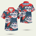 Beer busch light apple logo hibiscus flower blue red hawaiian shirt