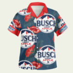 Beer busch light apple logo hibiscus flower blue red hawaiian shirt front side