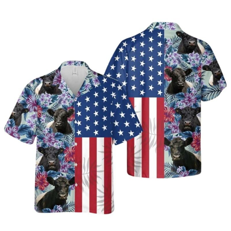 Belted Galloway Flower Pattern American Flag Hawaiian Shirt