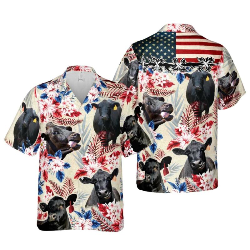 Black Angus Floral Us Flag Hawaiian Shirt