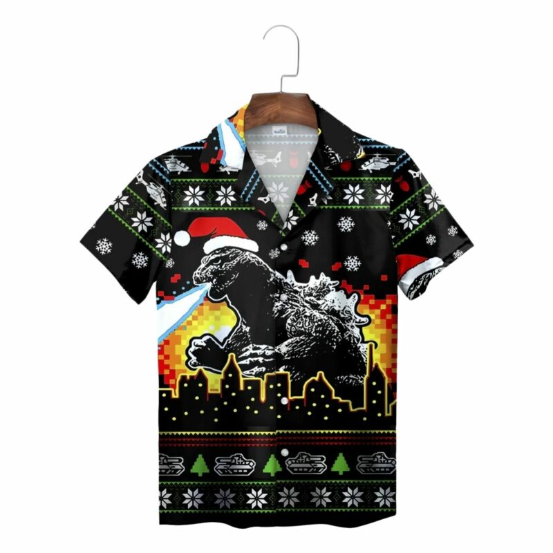 Black Santa Godzilla City Lights Ugly Christmas Hawaiian Shirt