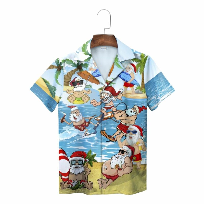 Blue Santa Claus Christmas Beach Vacation Tropical Fun Hawaiian Shirt