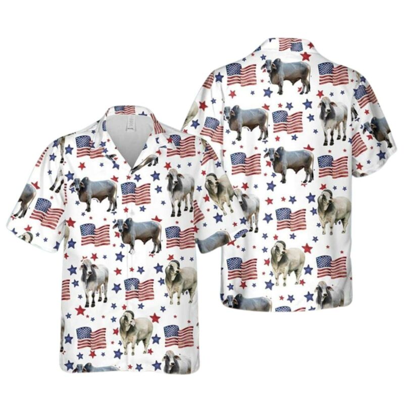 Brahman American Flag Pattern Funny Cow 4Th Of July Hawaiian Shirt