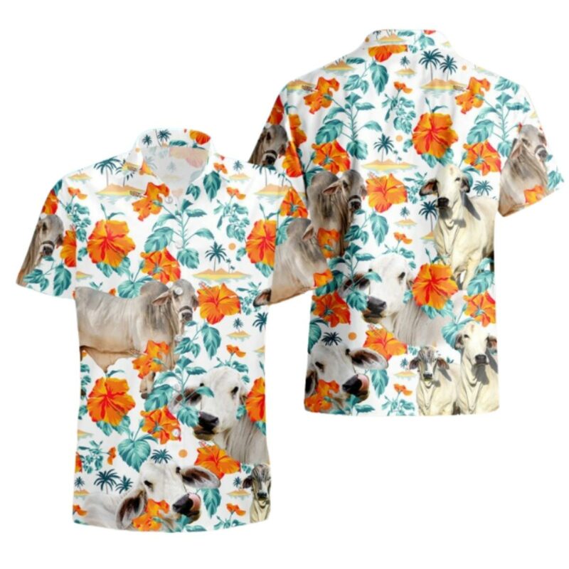 Brahman Cow Yellow Hibiscus Hawaiian Shirt