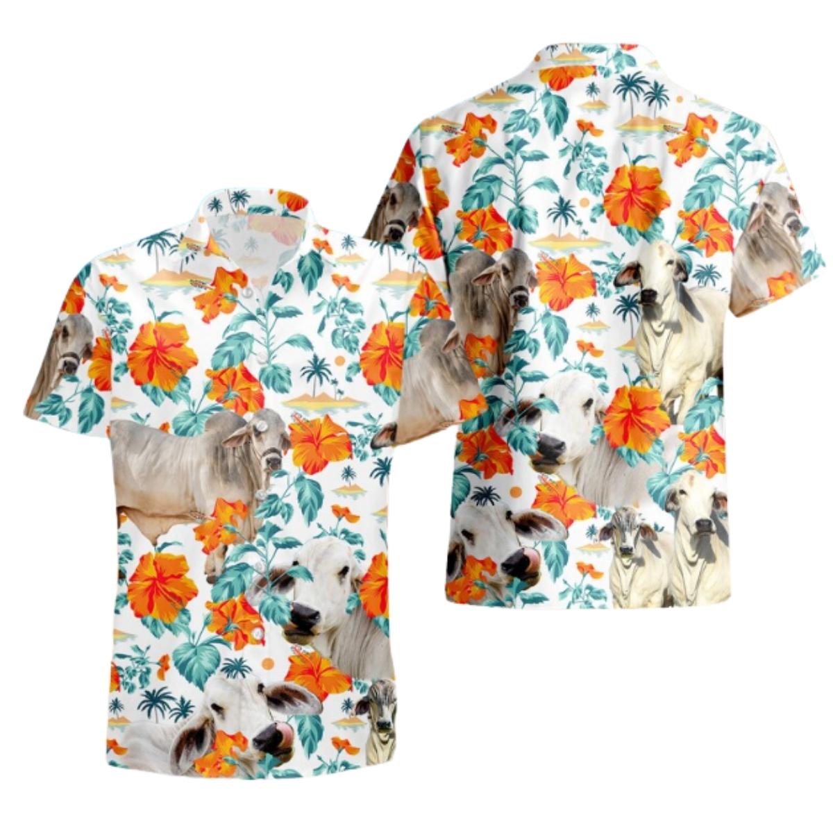 Brahman Cow Yellow Hibiscus Hawaiian Shirt