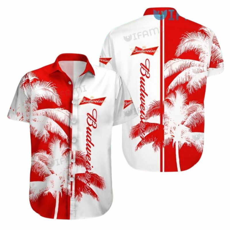 Budweiser Coconut Tree Red And White Hawaiian Shirt