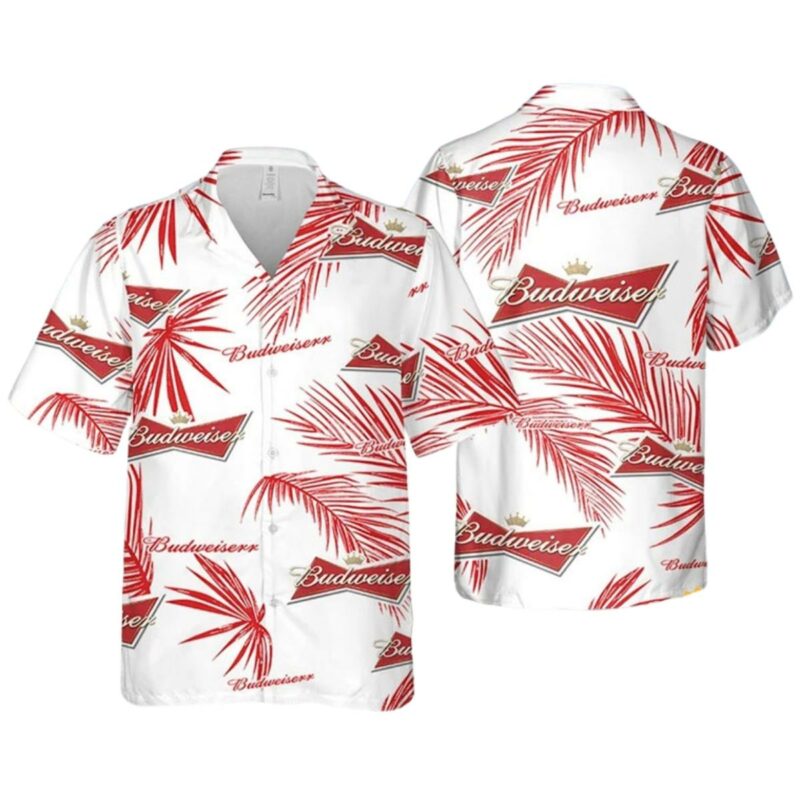 Budweiser Palm Leaves White Pattern Hawaiian Shirt