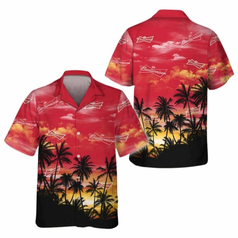 Budweiser Sunset Coconut Tree Pattern Hawaiian Shirt