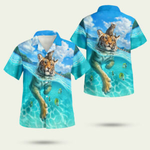 Cat bengal tiger swimming colorful unique hawaiian shirt 1