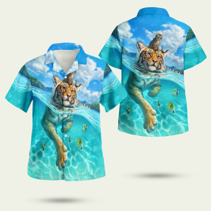 Cat Bengal Tiger Swimming Colorful Unique Hawaiian Shirt 1