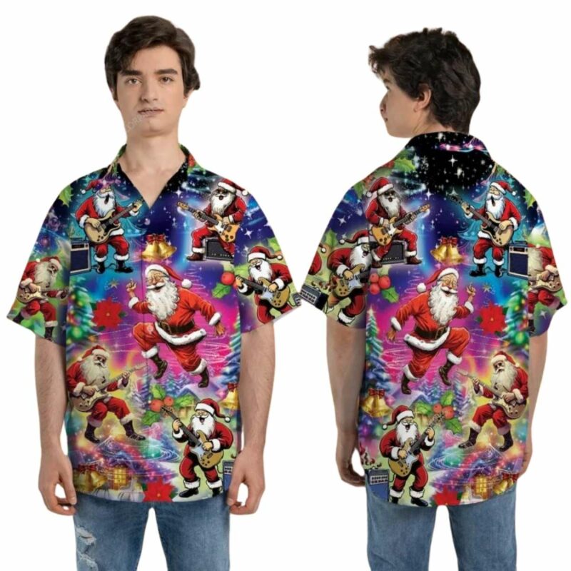Christmas Music Santa Plays Guitar Bass Hawaiian Shirt