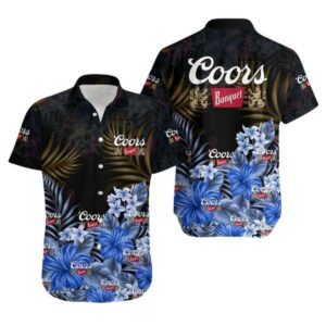 Coors Banquet Blue Hibiscus Pattern Hawaiian Shirt