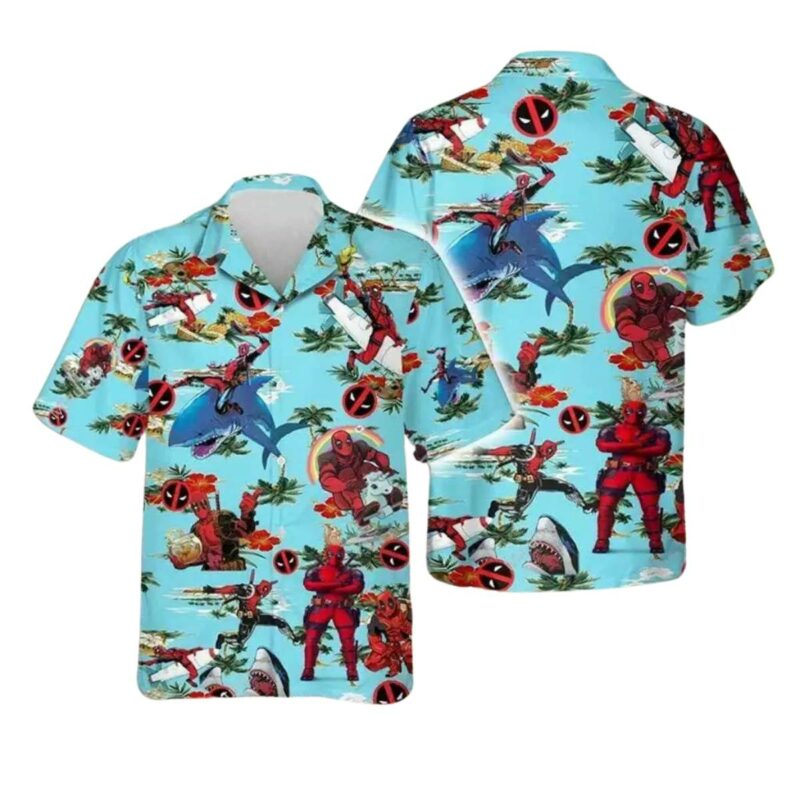Deadpool Red Hibiscus And Shark Hawaiian Shirt