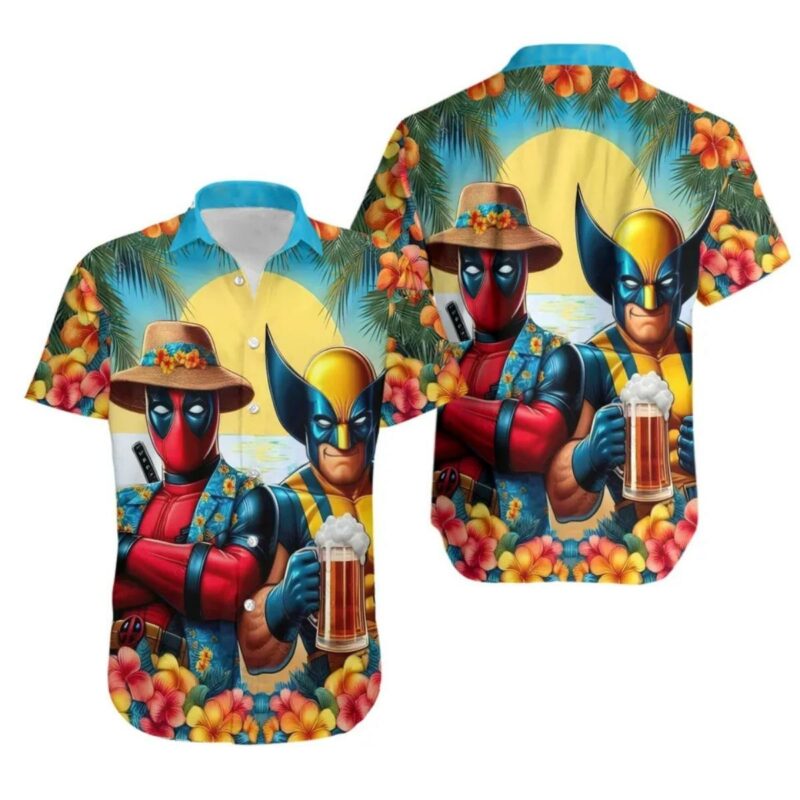 Deadpool Wolverine And Beers Floral Hawaiian Shirt