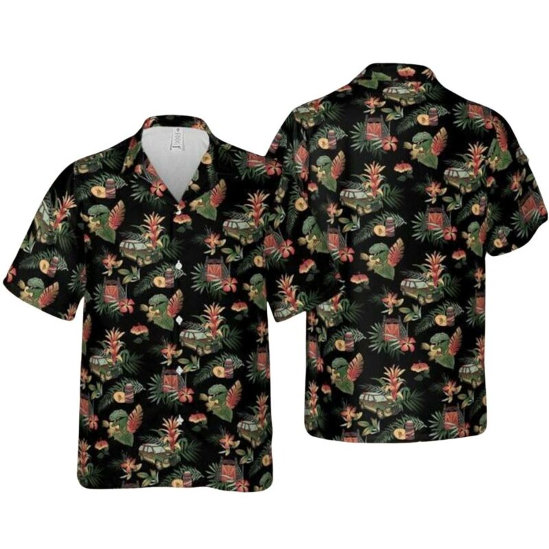 Dinosaur Dino Floral Black Hawaiian Shirt