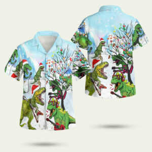 Dinosaurs play guitar on christmas hawaiian shirt