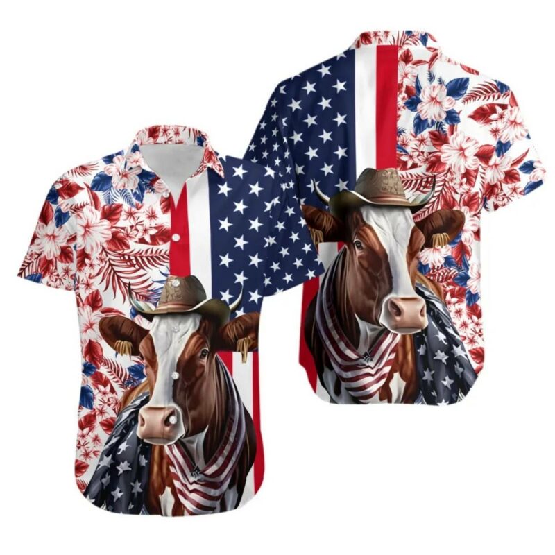 Funny Ayrshire Cow American Flag Hawaiian Shirt