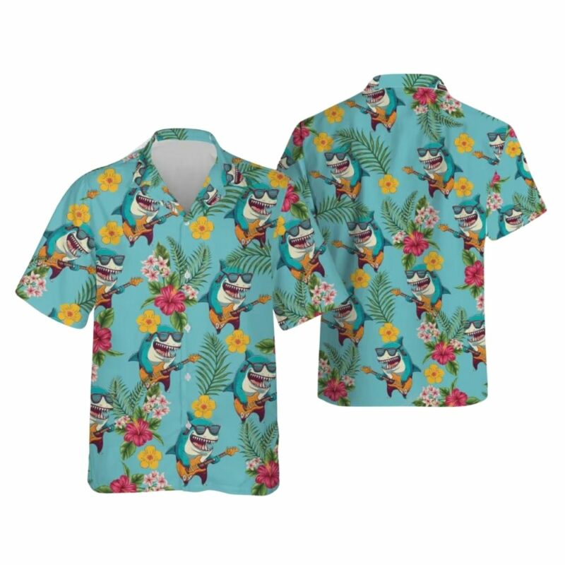 Funny Guitar Shark Tropical Floral Hawaiian Shirt