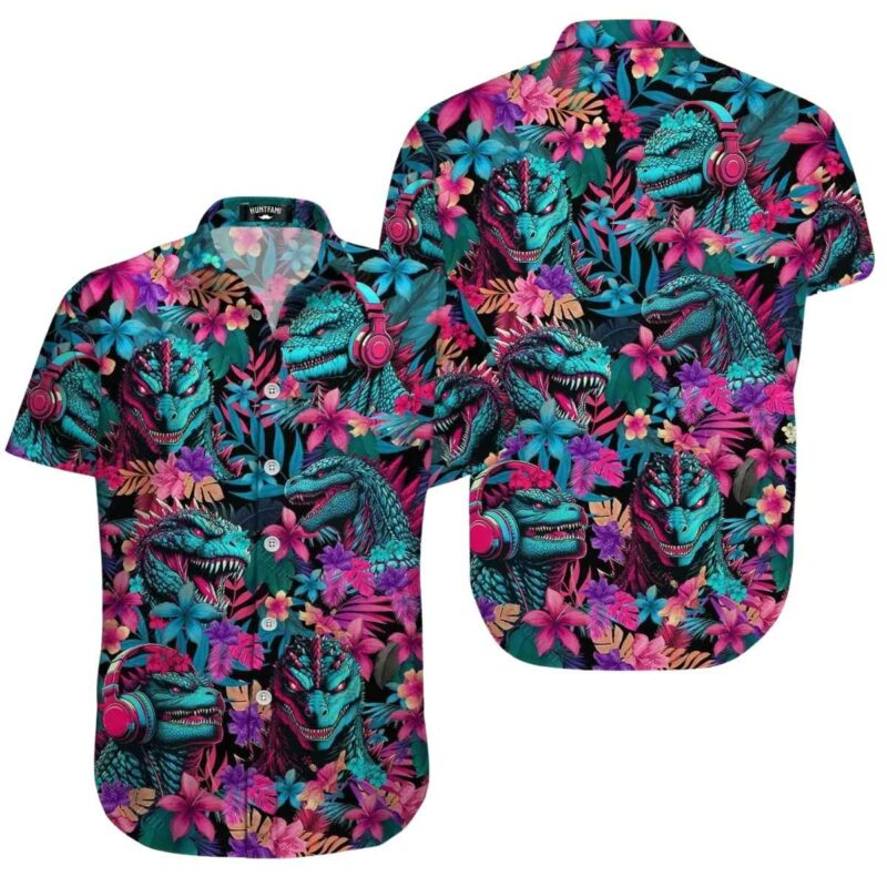 Godzilla Red Palm Leaves Hawaiian Shirt