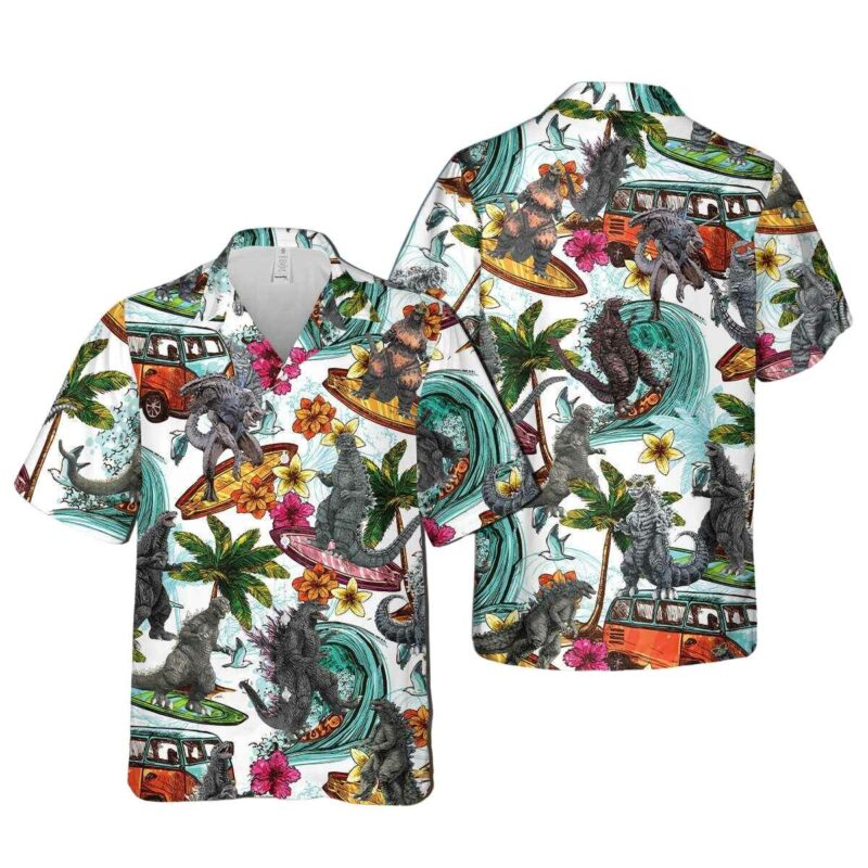 Godzilla Surfing Coconut Trees Hawaiian Shirt