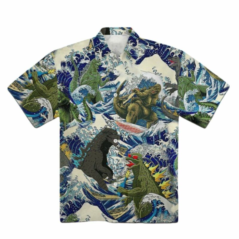 Godzilla Surfing Funny Hawaiian Shirt
