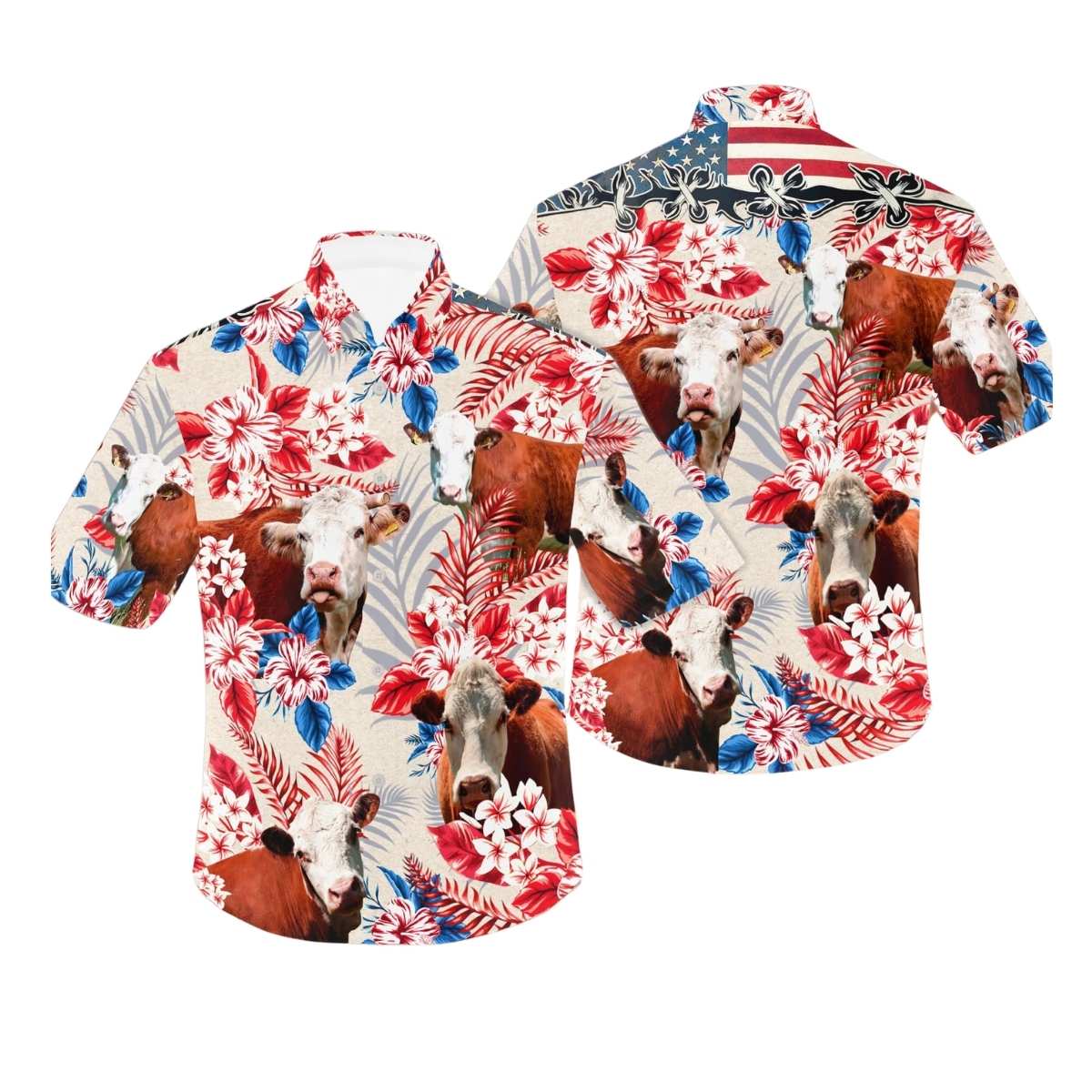 Hereford Cow American Flag Floral Tropical Hawaiian Shirt