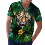 Hiding Tiger In Flower And Leaves Hawaiian Shirt Front
