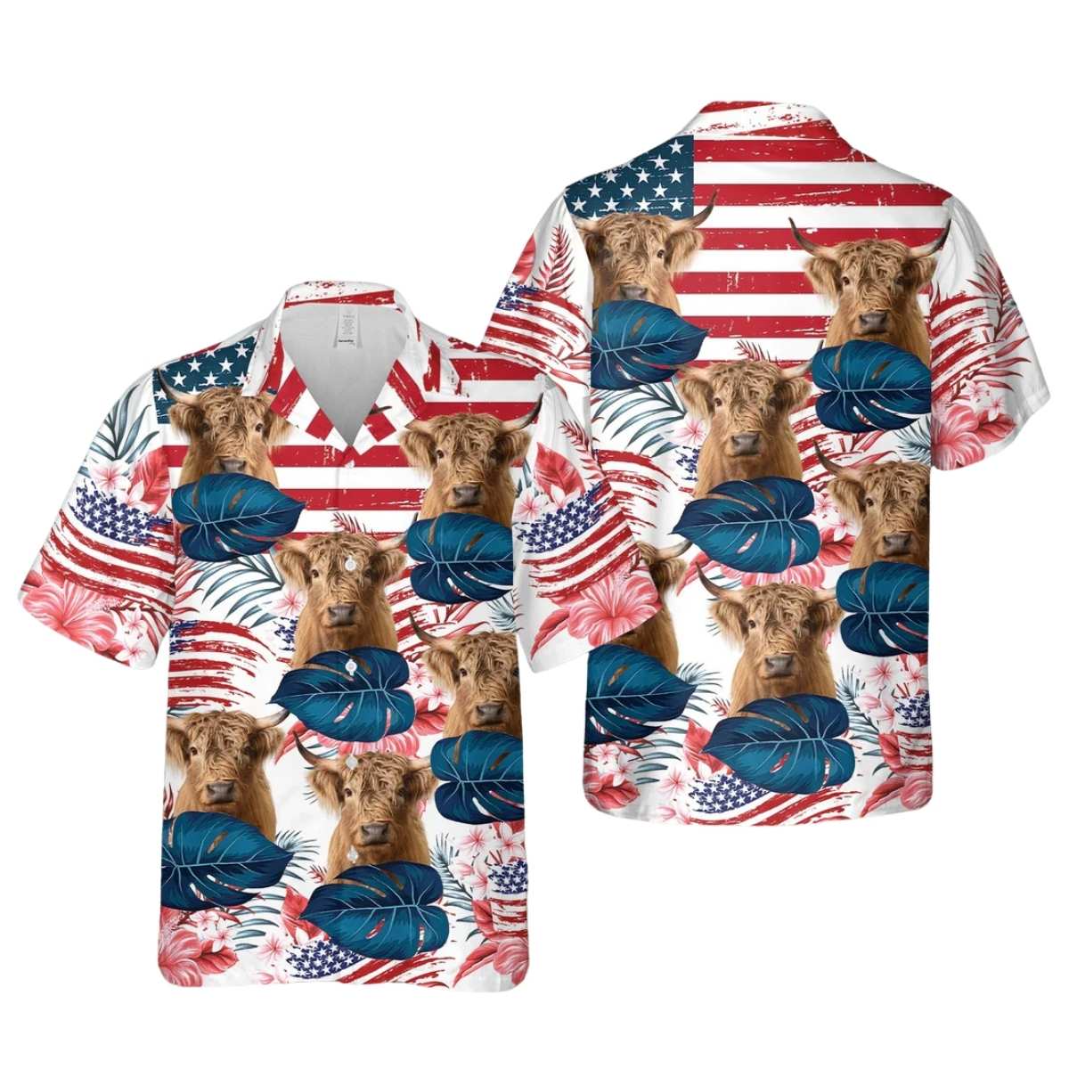 Highland Cattle Hibiscus Pattern Us Flag Hawaiian Shirt