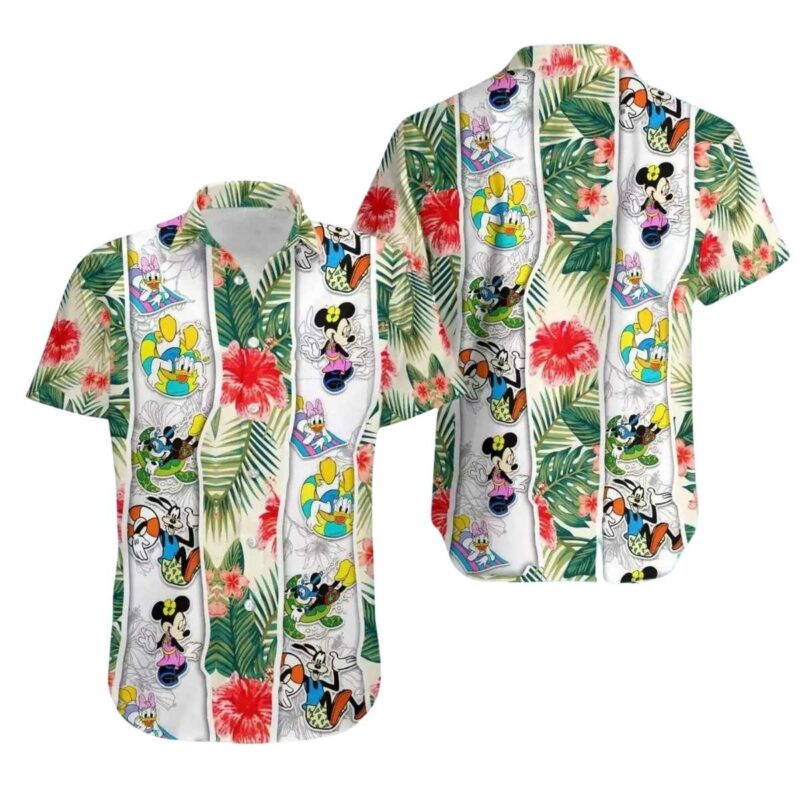 Mickey And Friends Summer Vacation Tropical Leaves Floral Hawaiian Shirt
