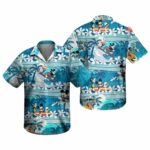 Mickey Mouse Disney Surfing Donald Duck White Frangipani Floral Disney Hawaiian Shirt