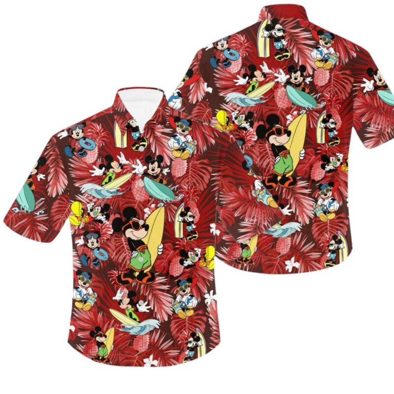 Mickey Mouse Surfing Red Patterns Summer Tropical Disney Hawaiian Shirt