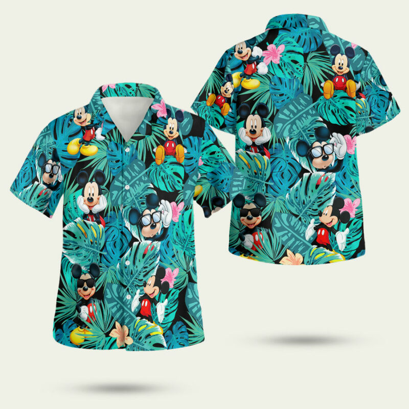 Mickey Mouse Flowers And Leaves Hawaiian Shirt