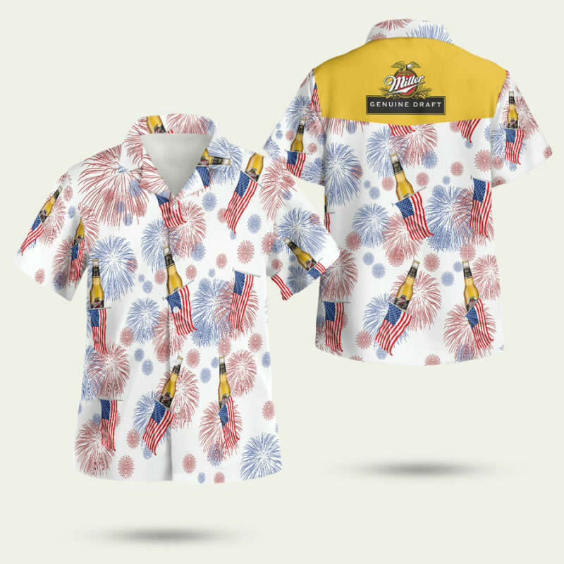 Miller Genuine Draft American Flag Fireworks Hawaiian Shirt