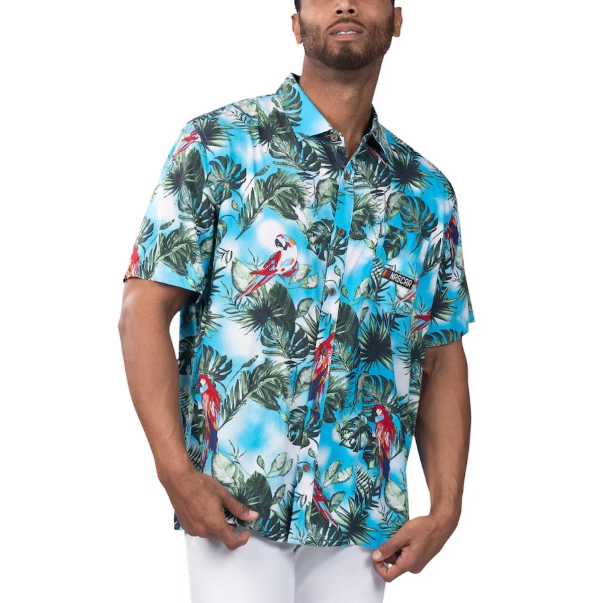 Nascar Margaritaville Light Blue Jungle Parrot Hawaiian Shirt