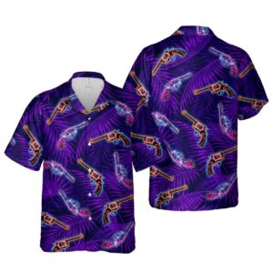 Neon Revolver And Palm Leaf Pattern Hawaiian Shirt