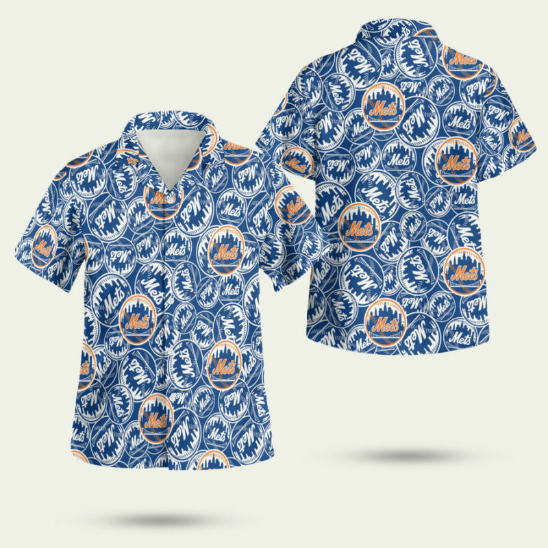 New York Mets Multiple Logos Interlinked Indigo Blue Hawaiian Shirt
