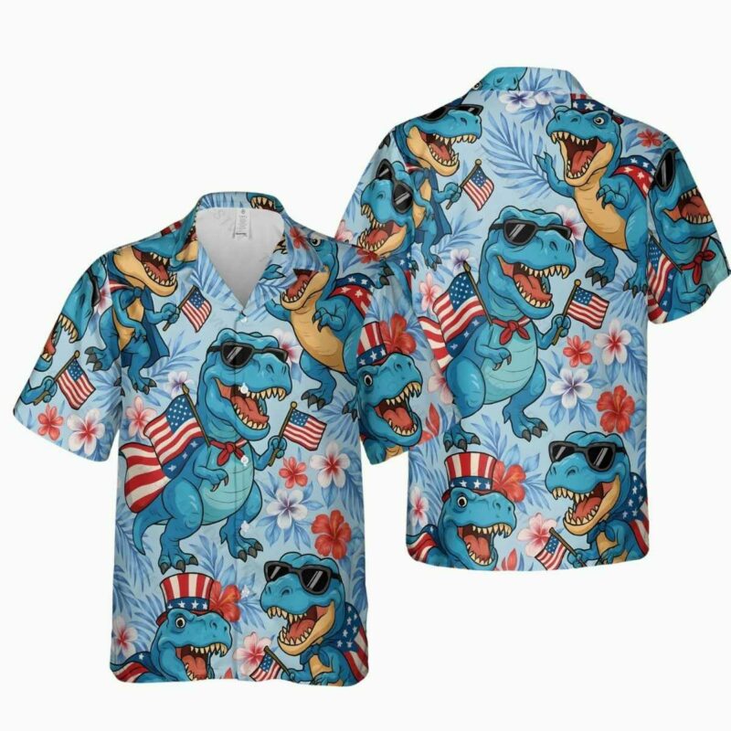 Patriotic Dinosaur American Flag Hawaiian Shirt