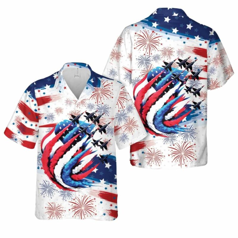Patriotic Red White Blue Usa Flag Fighter Jets 4Th Of July Hawaiian Shirt