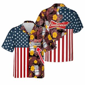 Personalized Budweiser US Flag Floral Hawaiian Shirt