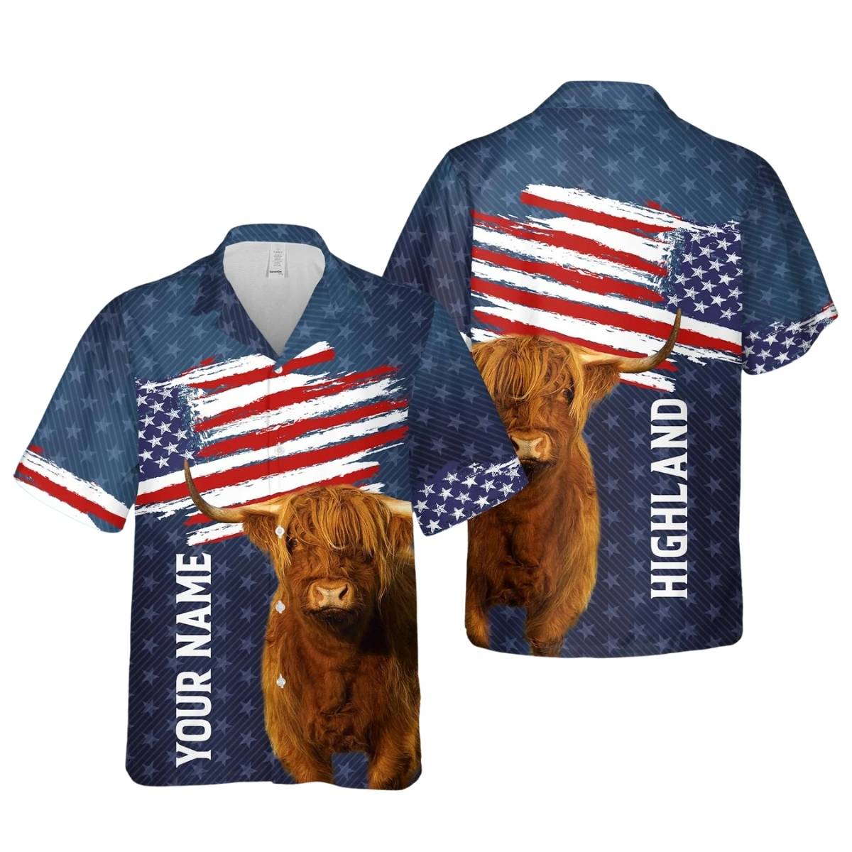 Personalized Highland Cattle Us Flag Pattern Hawaiian Shirt