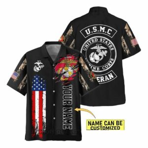 Personalized US Marine Corps Veterans Red White And Blue Hawaiian Shirt