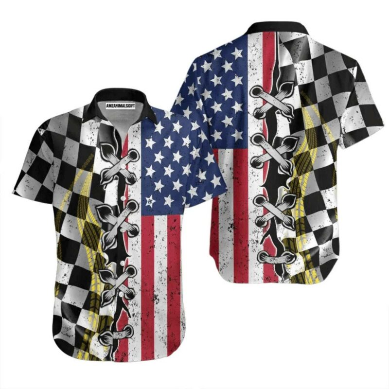 Racing Flag American Flag Dirt White Hawaiian Shirt