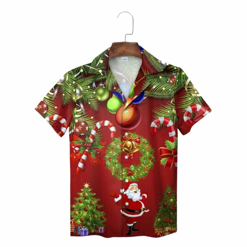 Red Santa Wreath Candy Canes Christmas Tree Hawaiian Shirt