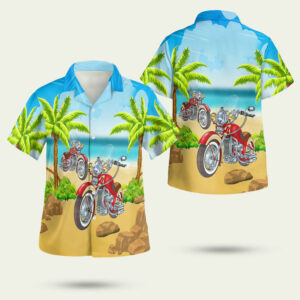 Red motorcycle on the beach blue hawaiian shirt 1