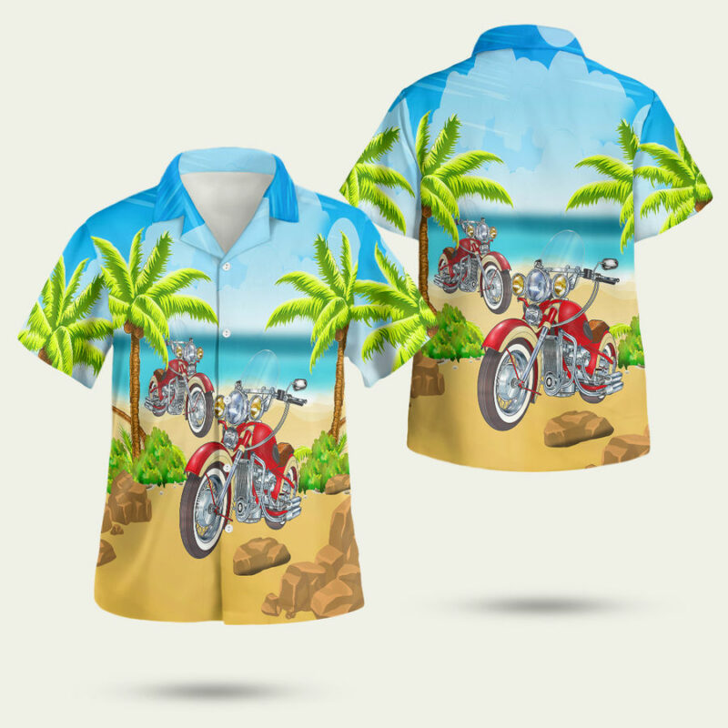 Red Motorcycle On The Beach Blue Hawaiian Shirt 1