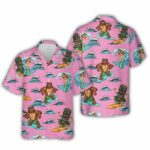 Surfing Bear Pink Tiki Party Hawaiian Shirt