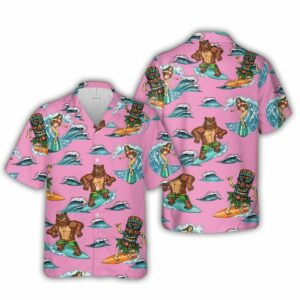 Surfing Bear Pink Tiki Party Hawaiian Shirt
